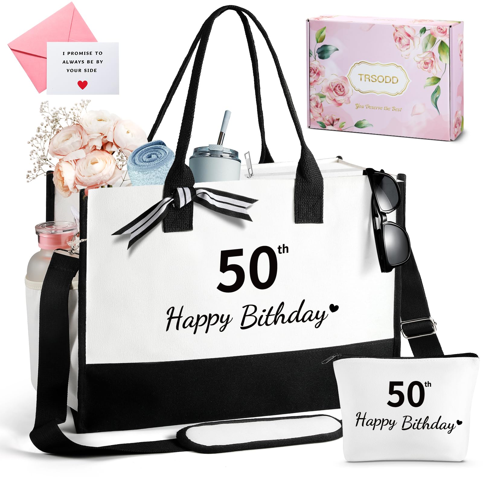 TRSODD Birthday Gifts for Women Initial Canvas Tote Bag with Adjustable Shoulder Strap and Makeup Bag Gifts for Mom Wife Grandma Daughter Sister