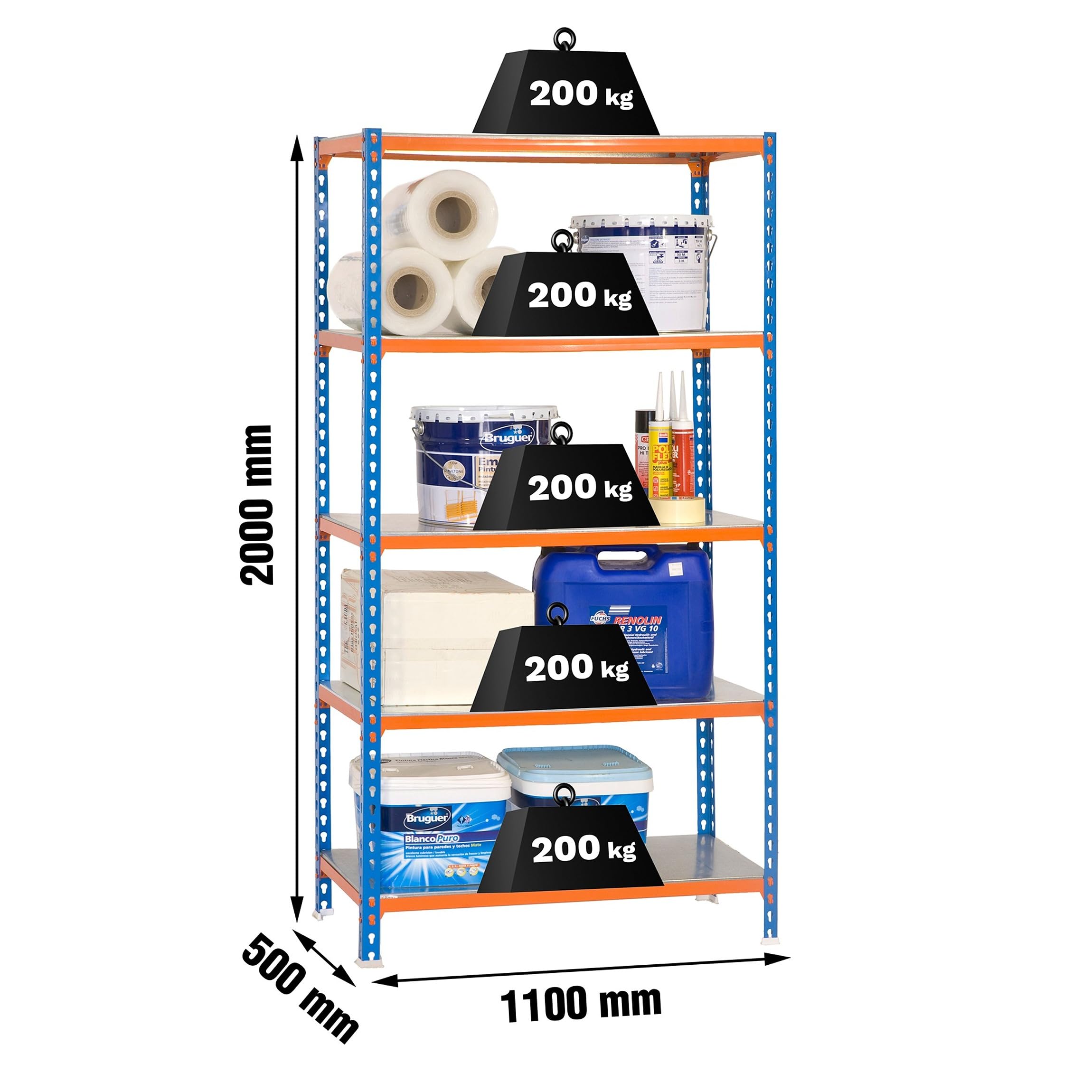 SimonRack Estanteria Metalica, 5 Baldas Ajustables, 200 kg de Punto Flexión, 2000x1100x500 mm, Estantería Almacenaje, Sin tornillos, Azul/Naranja/Galva - Simonclick | 5 Alturas, Bandeja Metal, 200 kg de Punto Flexión, Azul/Naranja/Galva, Pintura anticorro