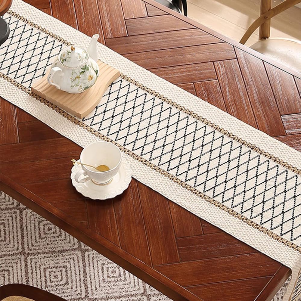 Chemin de table Boho 30 x 350 cm - En coton et lin - Avec pompons - Rustique creux - En macramé - Dentelle au crochet - Décoration de table de mariage - Pour cuisine, salle à manger
