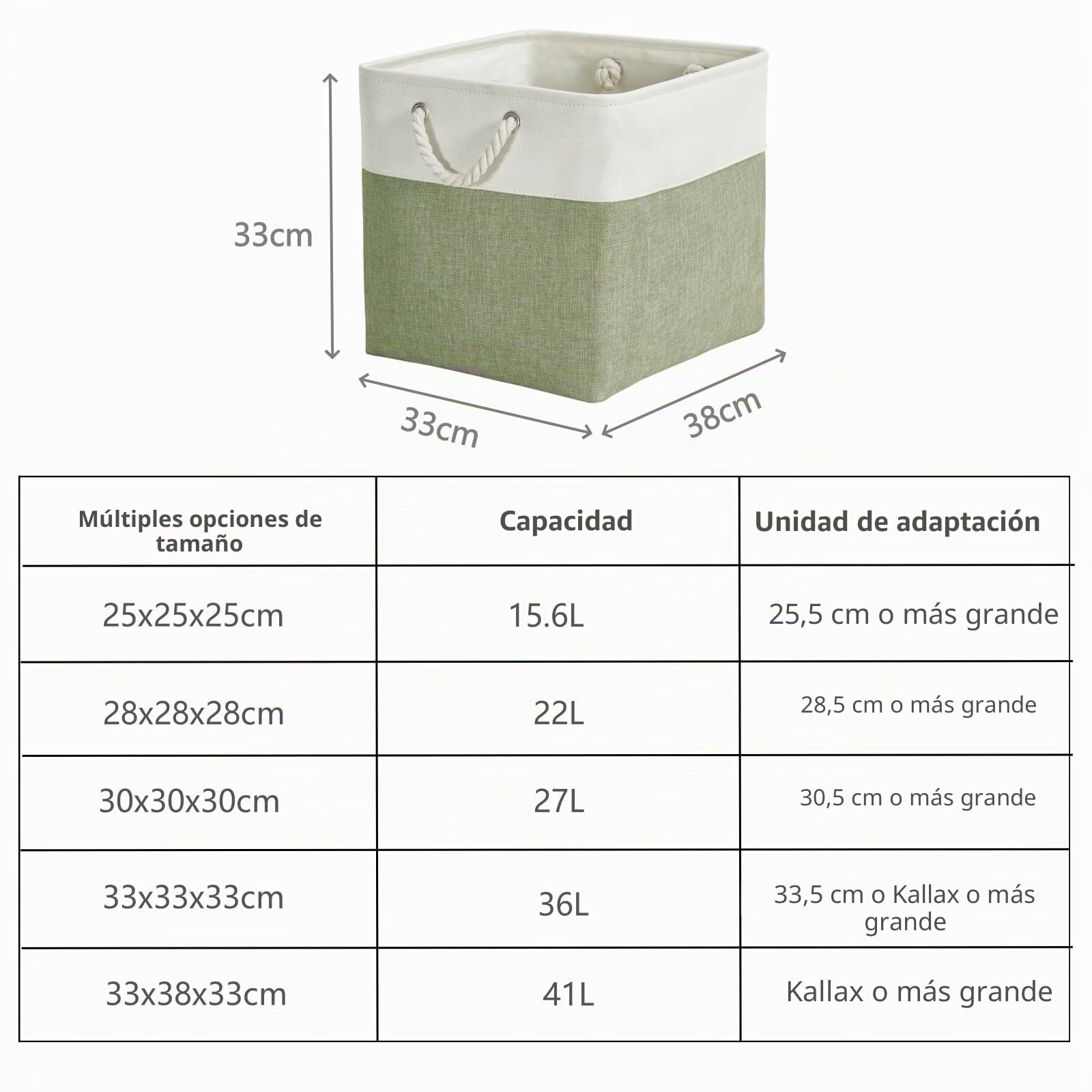 Cajas de almacenamiento de tela 33x38x33 cm, cestas de almacenamiento para juguetes, ropa de guardería, estante, armario (verde/blanco, juego de 4)