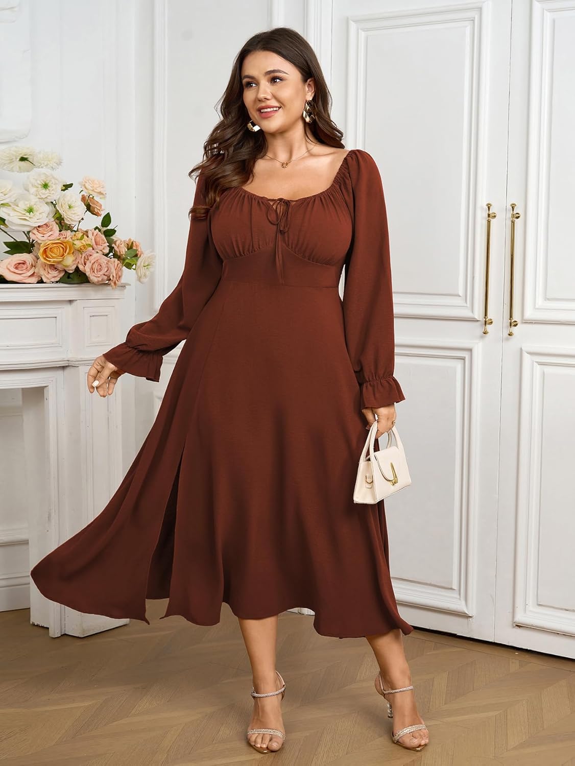 Women's Plus Size Milkmaid Dress Long Sleeve Square Neck Dress A-Line Flowy Maxi Wedding Guest Cocktail Formal Dresses - Image 3