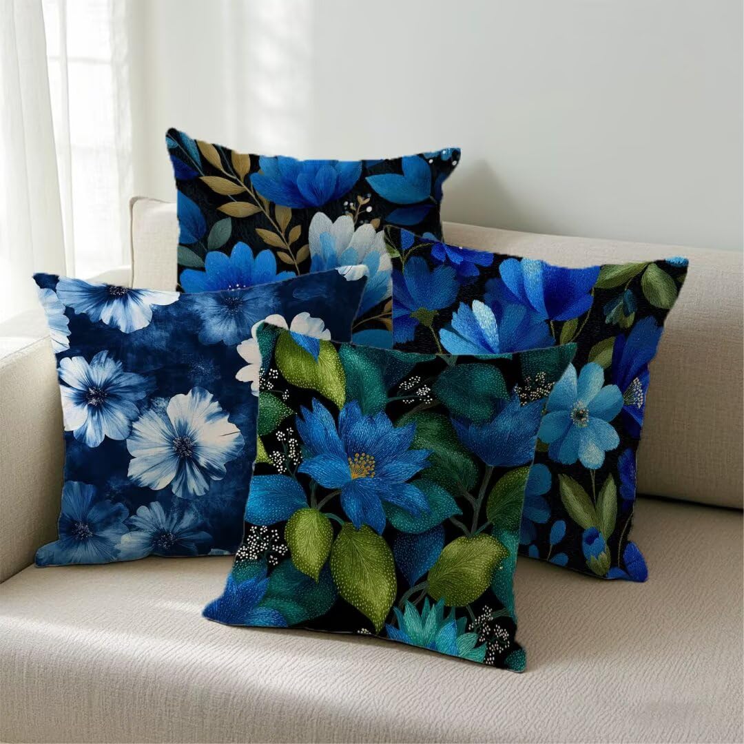 Fundas Cojines 40x40 cm Exterior Cojines Azul Oscuro Fundas de Almohada Juego de 4, Cuadrados Funda Cojin Flor Almohadas con Cremallera Invisible, Sofa Cama Decorativos para Hogar, Jardín, Salón Ym469