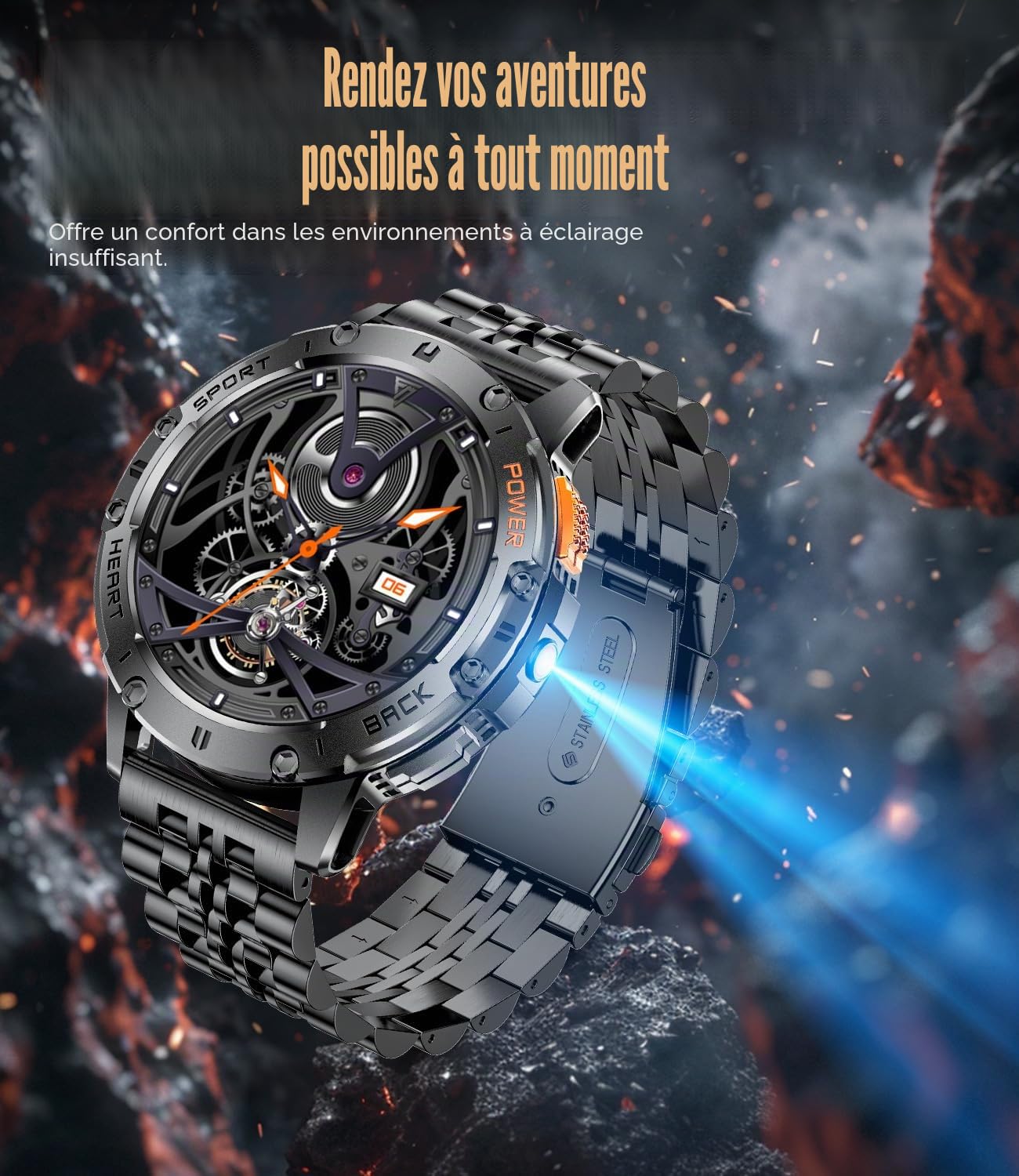 ESFOE Montre Connectée Homme Militaire,1.43'' AMOLED Écran/Lampe/530 mAh Smartwatch Homme Appel Bluetooth,Fréquence Cardiaque,Sommeil,Podometre,5ATM Étanche Fitness Tracker Android/iOS Noir