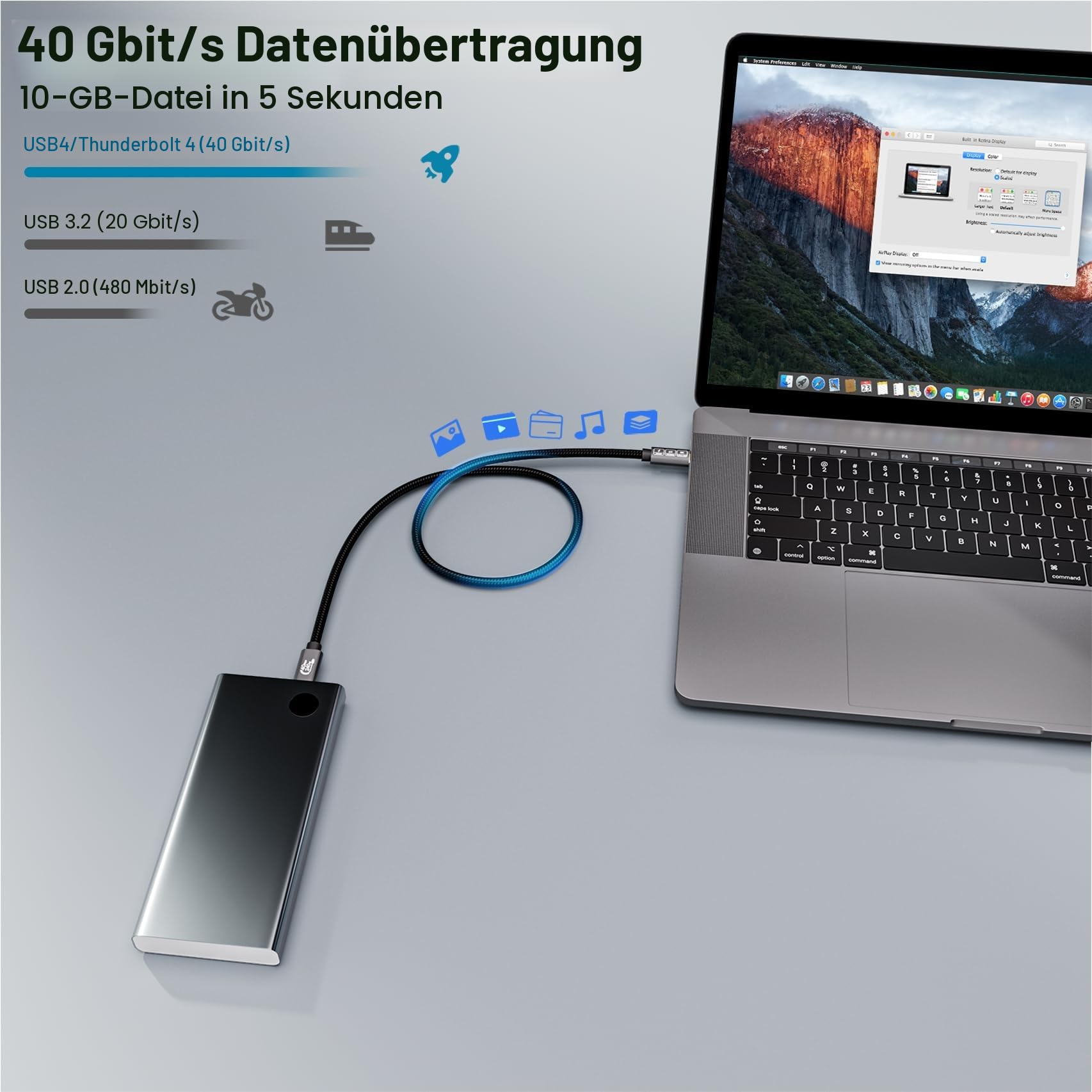 USB4 Kabel mit Thunderbolt 4 Kabel 3m,40Gbps Datenkabel,Schnellladung 240W 48V/5A,8K@60Hz 4K@144Hz Thunderbolt 3 Kable für iPhone16,iPhone15,MacBook,Monitor, Galaxy S24,iPad,Switch,VR,eGPU