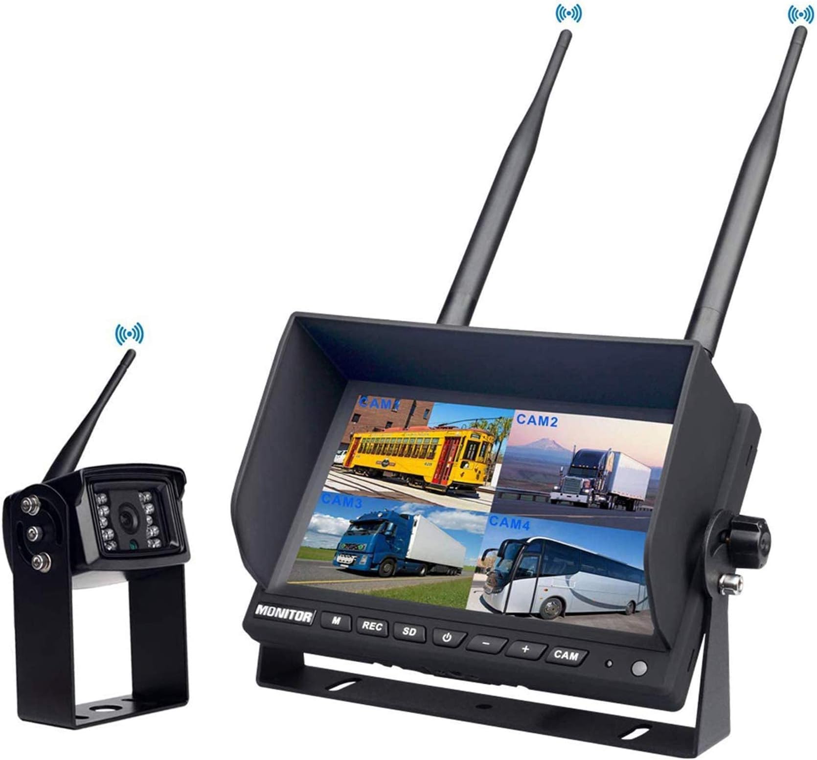 CAMONS Digital Wireless Reversing Camera Kit, 7” Rear View 4 Split Monitor(Built-in DVR, No Interference, No Filcker), 120°HD 18IR Night Vision IP69 Waterproof Reverse Camera System for RV,Van,Truck