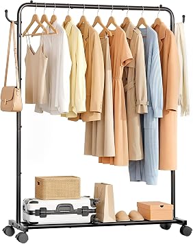 Homde Heavy Duty Clothes Rack 120lb Standing Garment Storage for Indoor - Rolling Hanging Rod for Bedroom Laundry Room - Coat Dress Organizer on Wheels with luggage shelf Black, 46.5"