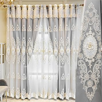 Amidoudou 1 Pair European Double Layer Curtains with Valance for Living Room Bedroom Luxury 3D Flower Embroidered Curtains Grey,51x90 Inch
