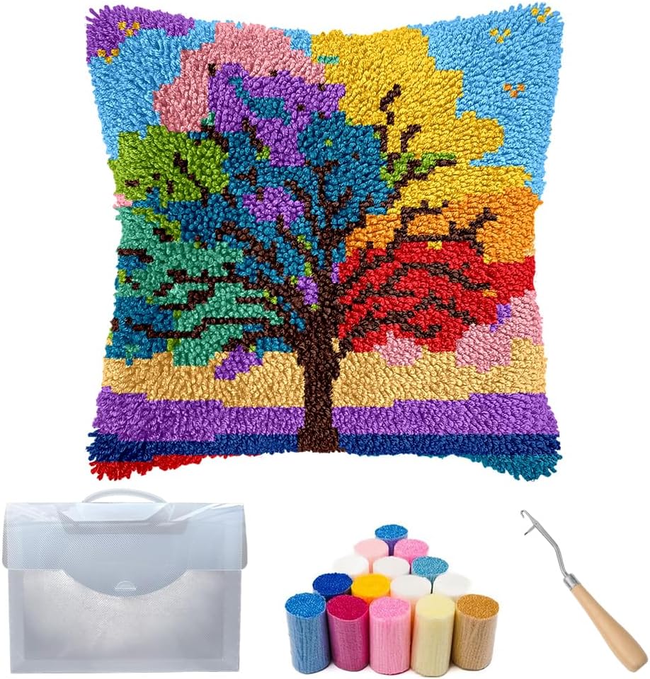 Cozykeke Tree Latch Hook Kit for Adults Beginners,DIY Latch Hook Pillow Kit Cover Cushion Craft Kits with Pre-Printed Canvas, Suitable for Home Decor and Festival Gift 17 * 17in (BZ4591)