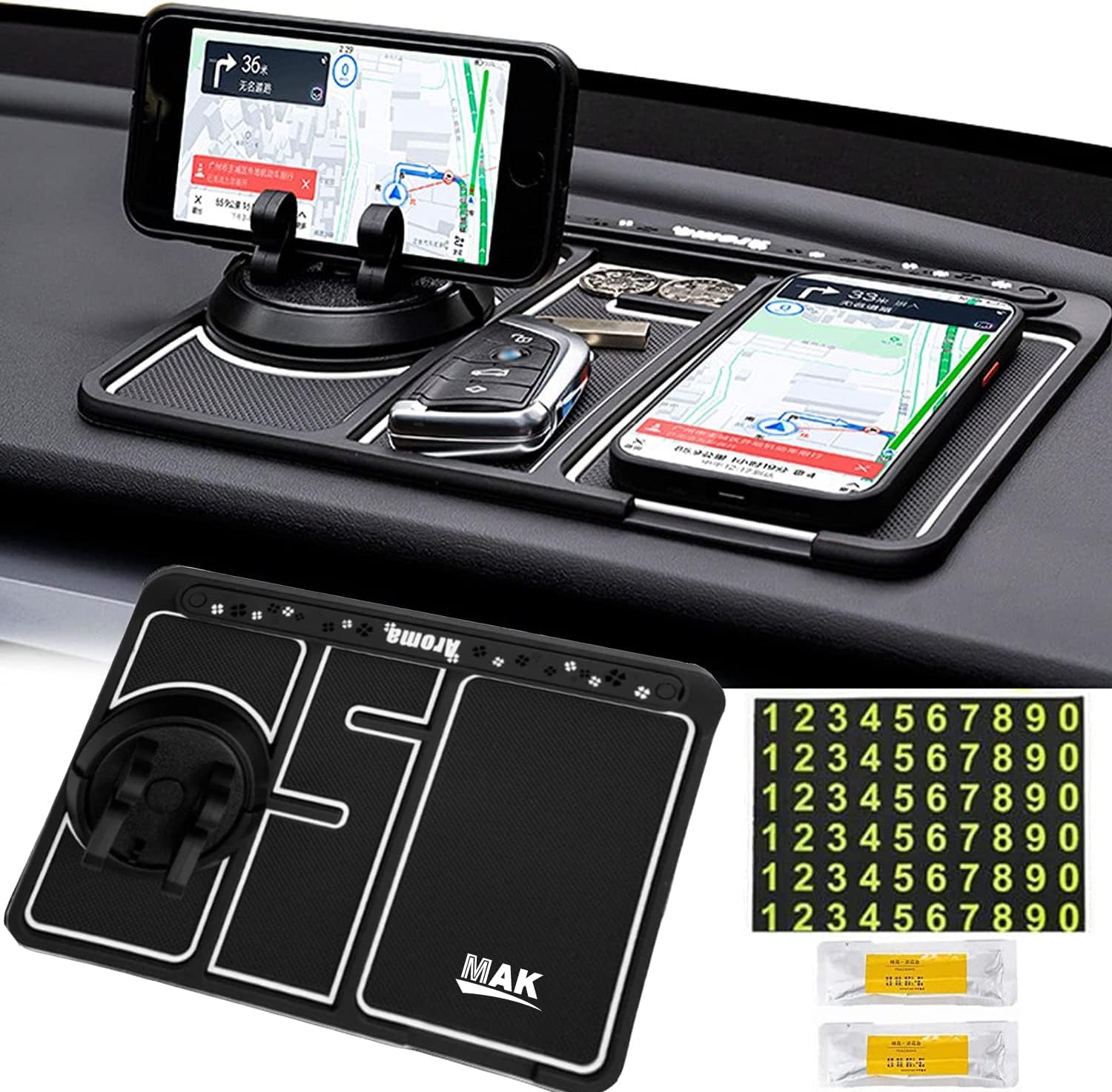 MMAK Anti-Slip Car Dashboard Mat with Phone Holder & Aromatherapy - Universal Non Slip Sticky Rubber Pad with 2 Aroma Sticks & Radium Night Glow for Smartphone, GPS Navigation- Black