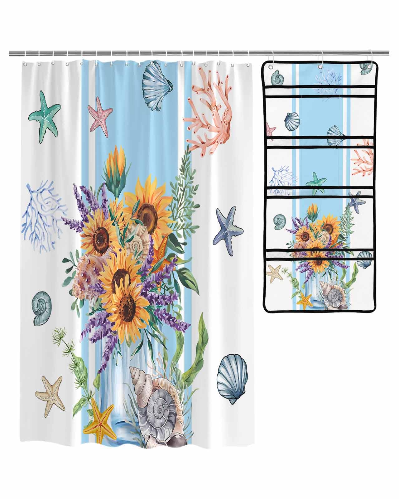 ZFUNCING Shower Curtain Mesh Shower Organizer Set Summer Sunflower Coral Starfish Shell Waterproof Bath Curtains Hanging Shower Caddy