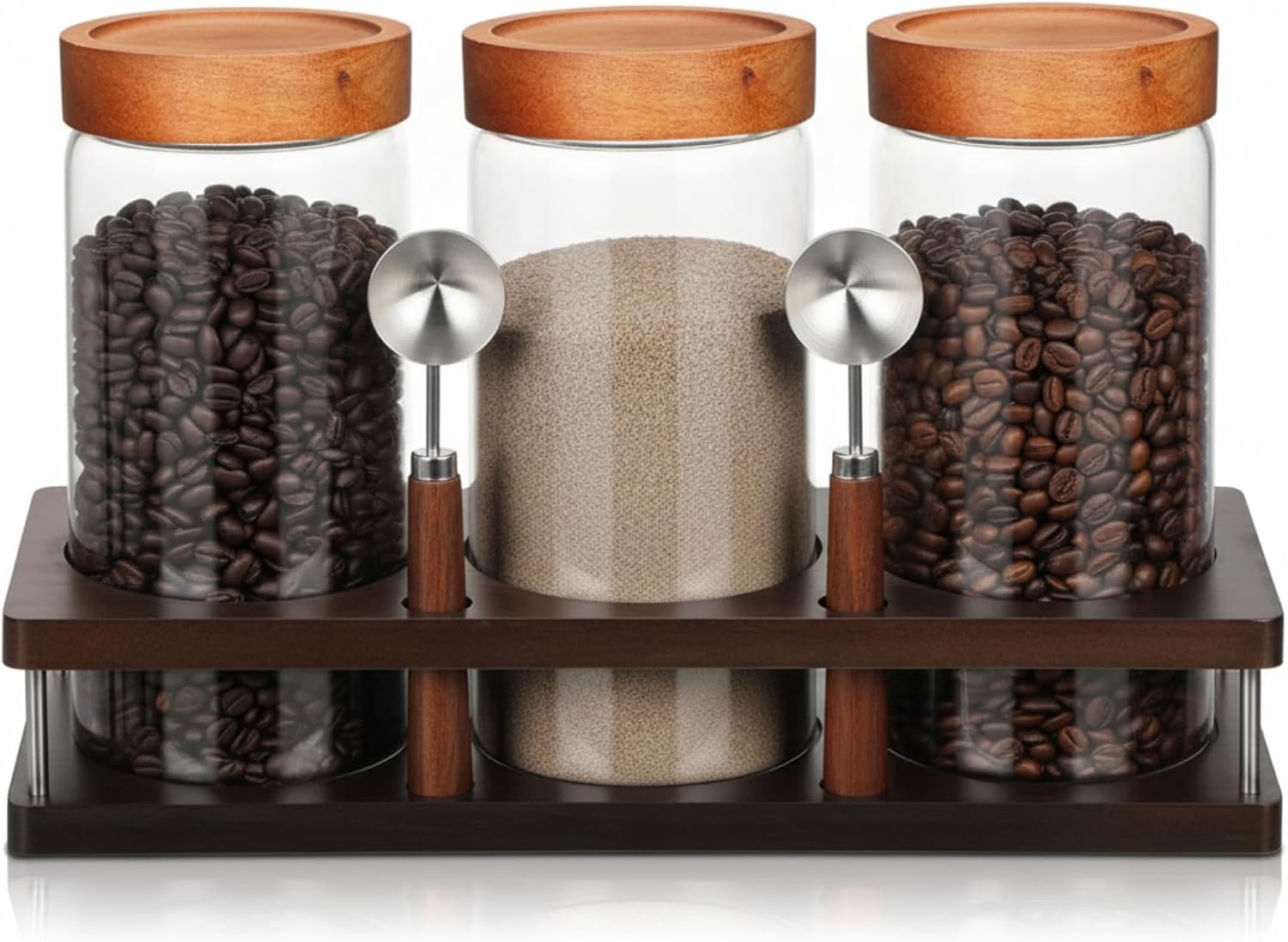 Suclain 3 Pcs Glass Coffee Bean Container 44 oz Airtight Coffee Canister with Shelf and Measuring Spoon Kitchen Food Canister Jar for Sugar Candy(Fashion Style)