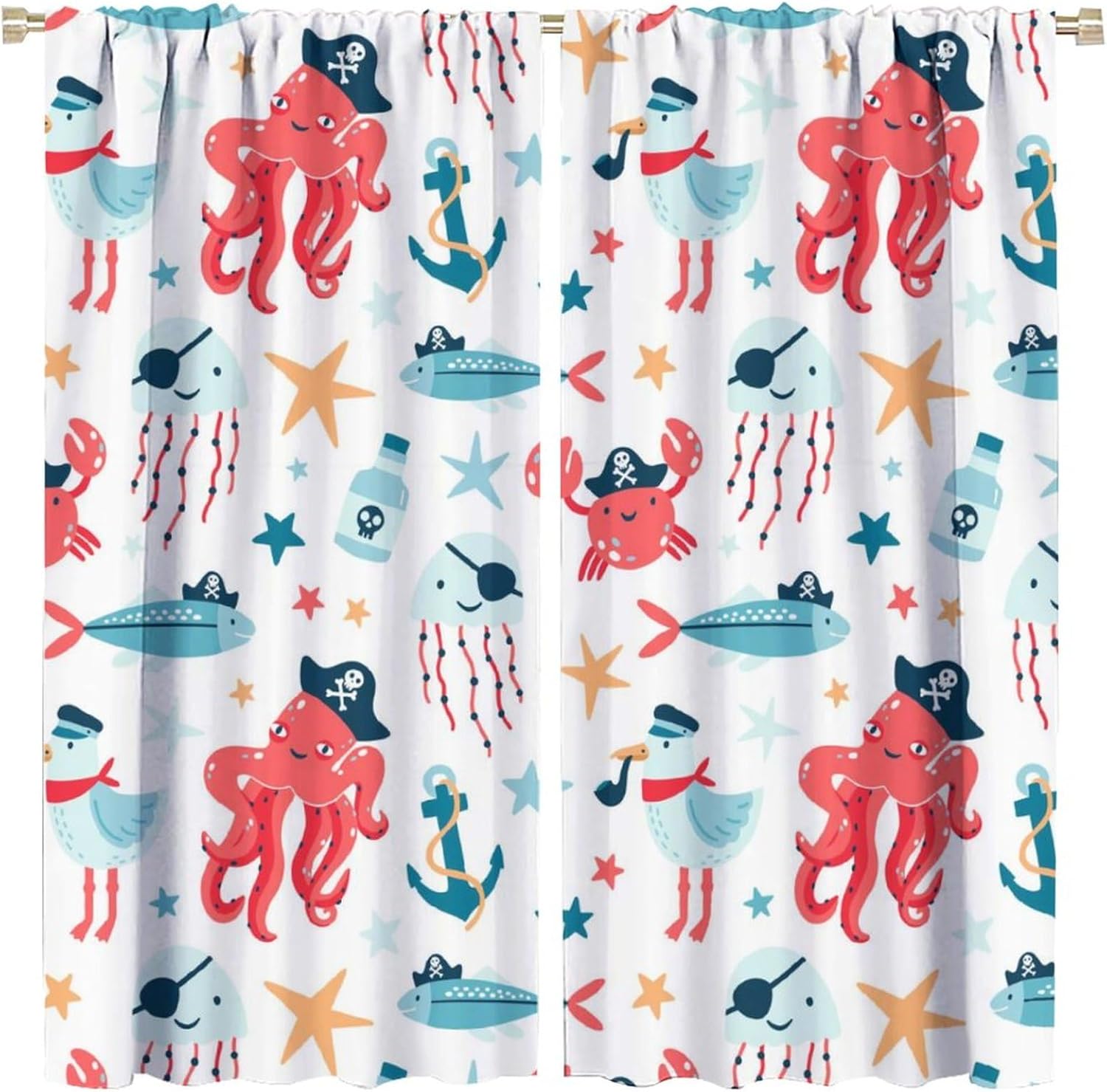 Cartoon Marine Animal Curtains for Kids,Pirate Design Cute Ocean Animal Sea Wildlife Print Window Treatments for Boys Girls Bedroom Living Room Nursery Study 2 Panels Total Size 42 x 45 Inch