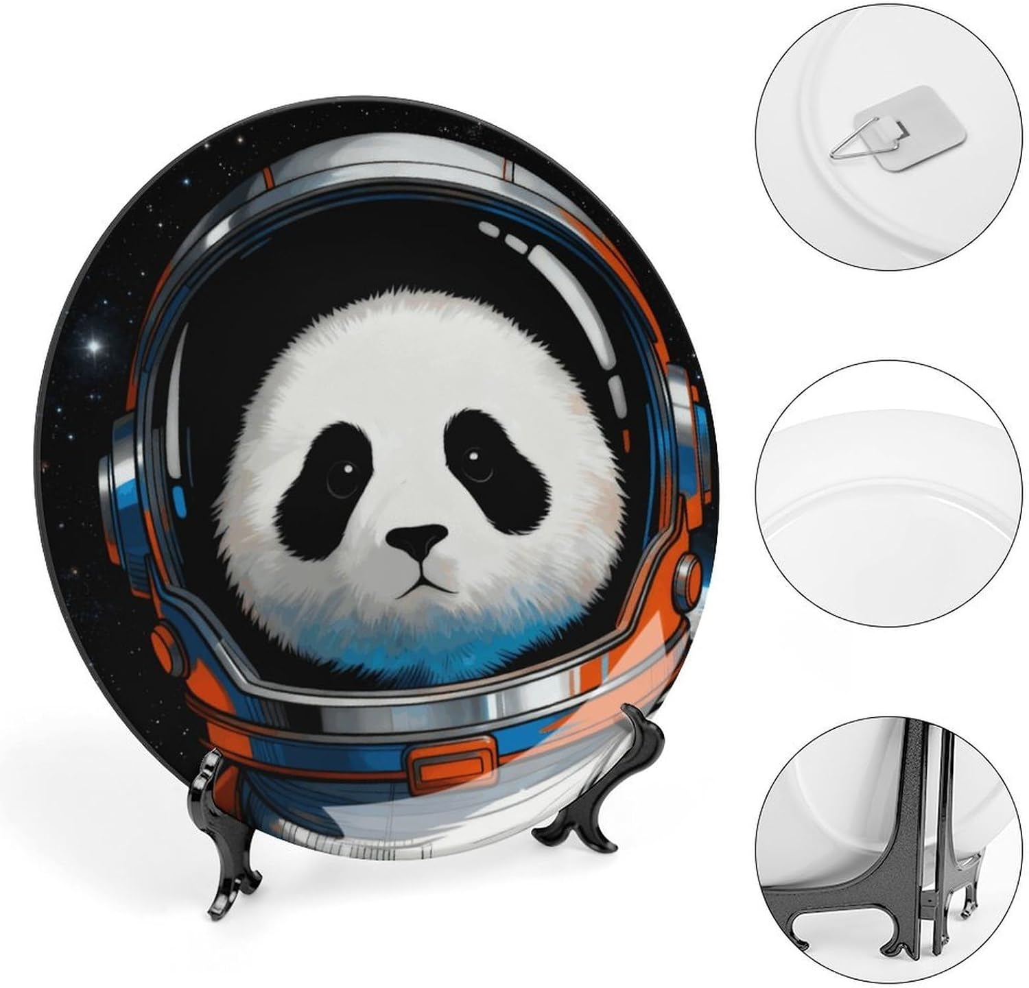 Space Astronaut Panda Ceramic Decorative Plate 10inch Bone China Wall Hanging Ornament Plates Bohemian Style Dinner Plate with Stand Cabinet Display Plates for Home Art Decor