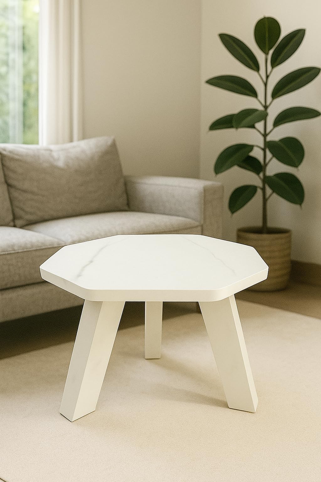 SBF Furniture Mini Hexagonal Side Table, 30 cm, Matte Finish, Modern Minimalist Design, 3 Angled Legs (Taj Marble), White