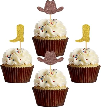 MonMon & Craft 24 Pcs West Cowboy Cupcake Toppers for Birthday/Baby Shower/Cowboy Hats Boots Western Theme Party Cake Decorations/Glitter Wester Cupcake Toppers