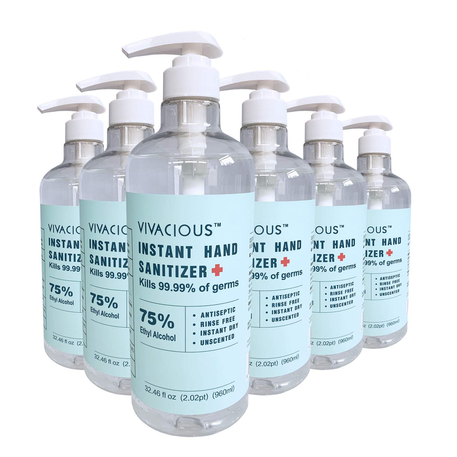 VIVACIOUS 960 ml / 32.46 oz Instant Hand Sanitizer with 75% Ethyl Alcohol (Pack of 6)