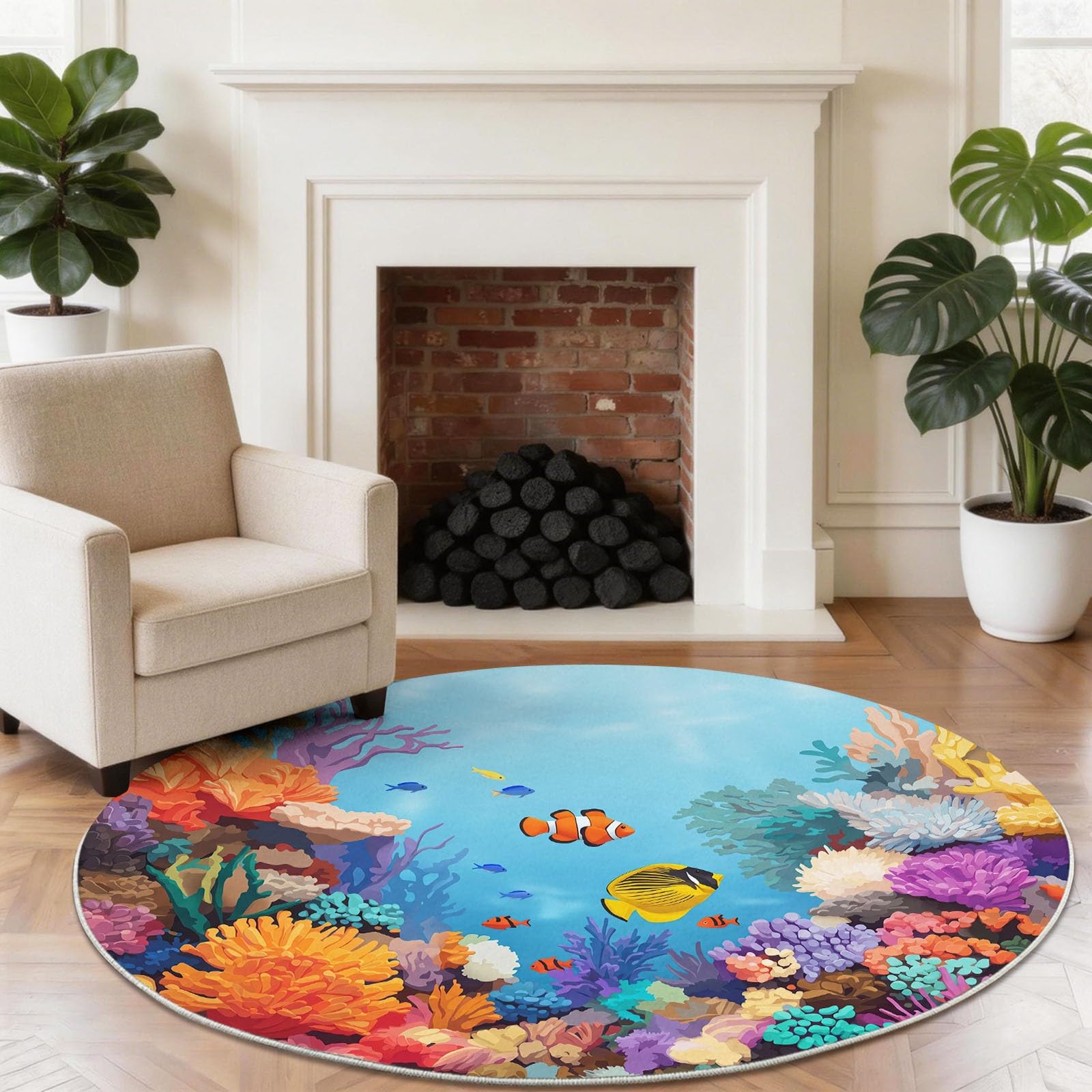 Tappeto rotondo con animali e coralli, 150 cm, a pelo corto, morbido e sicuro, lavabile e antiscivolo, colore: blu