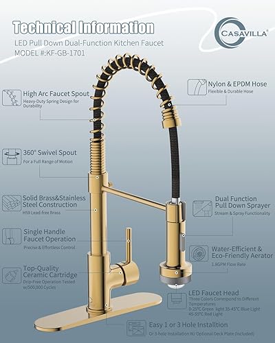 Miniatura 9 de Grifo de cocina LED, grifo de cocina de oro cepillado con dispensador de jabón y placa de cubierta, grifo para fregadero de cocina de casa rodante