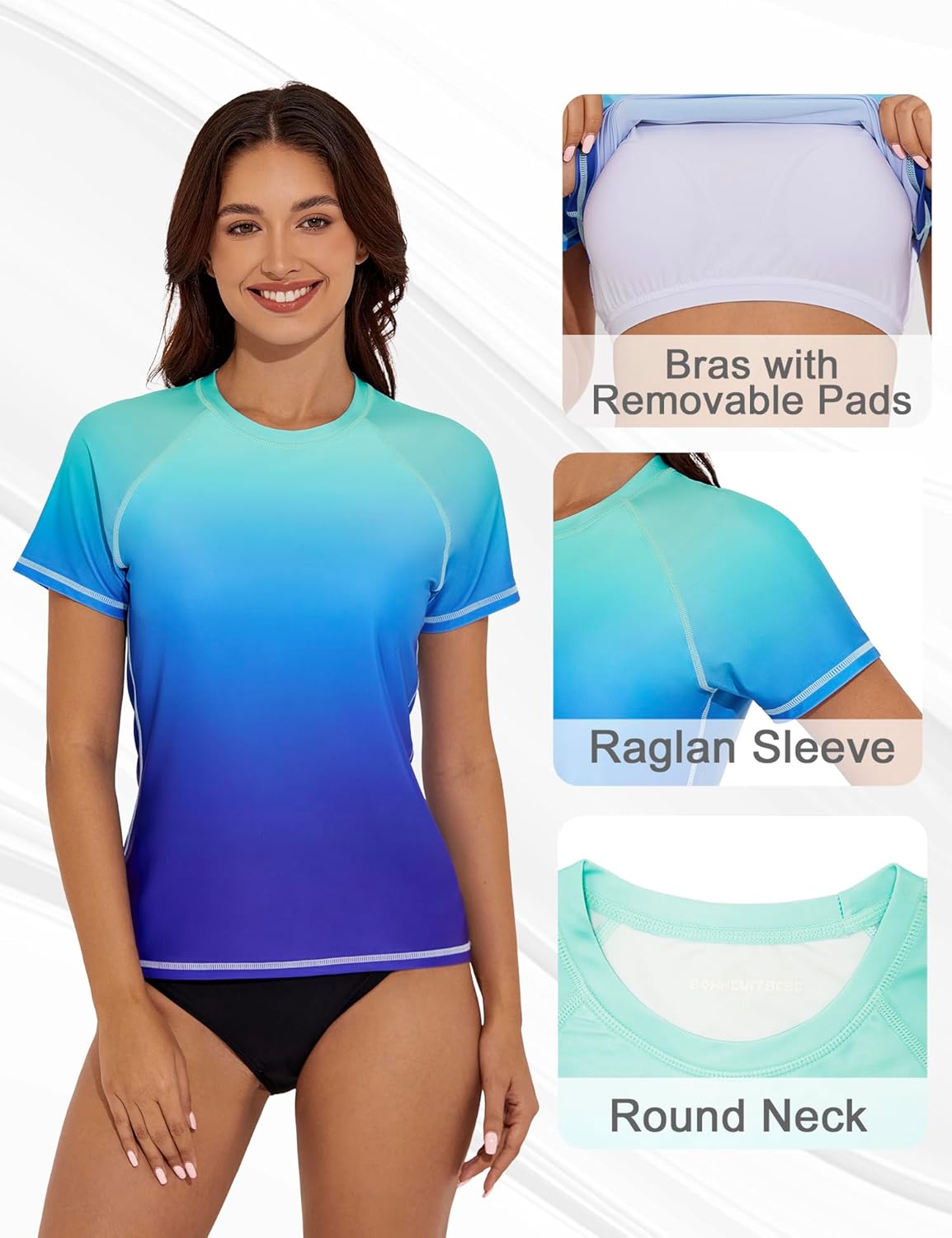 Bonneuitbebe Women's Short Sleeve Rash Guard with Built in Bra Swim Shirt UPF50+ Quick Dry Bathing Suit
