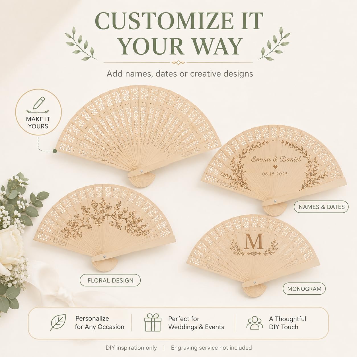 Personalisierte Handfächer 50 Stück, 20 cm Holzfächer aus Lotusholz mit Lasergravur, Damen-Handfächer für Hochzeiten, Partys und Festivals, faltbar, inkl. Organza-Taschen, klassisches Design