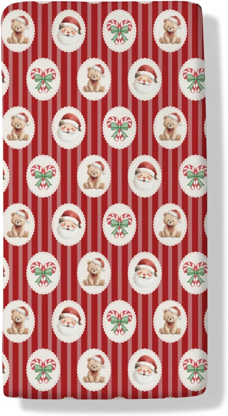 Christmas Santa Claus Bear Candy Cane Bows Baby Crib Sheets Retro Santa Bear Striped Baby Sheet Winter Festive Holiday Fitted Crib Mattress Cover Standard Toddler Mattress 52''x28''