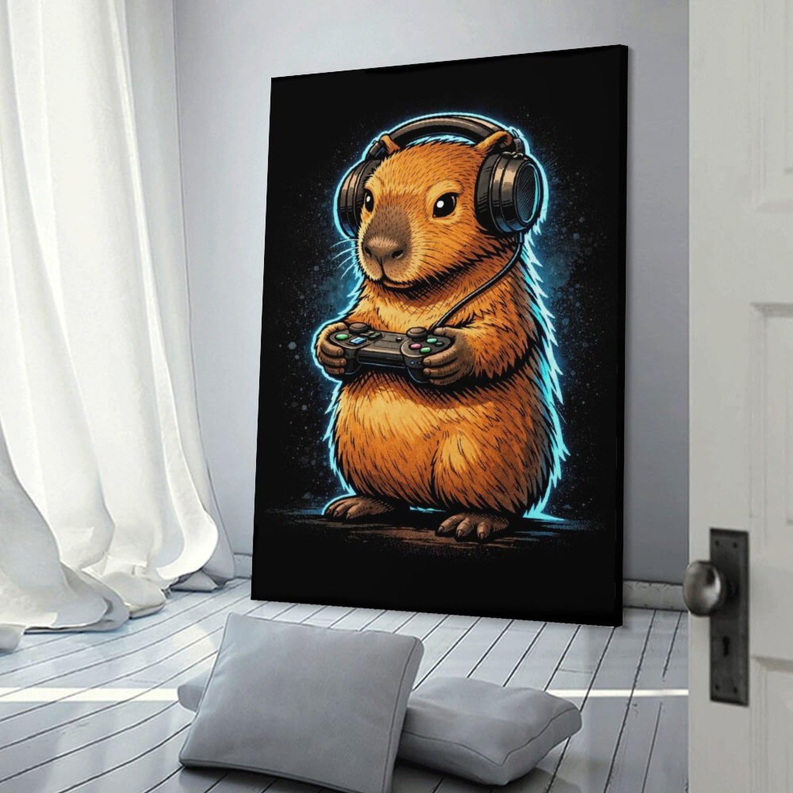Junmoney Capybara Gamer with Headset Hanging Wall Art, 20x30inch(50x75cm), for New Homes, Bedrooms Or Workspaces, Thoughtful Wall Decor for Art Lovers