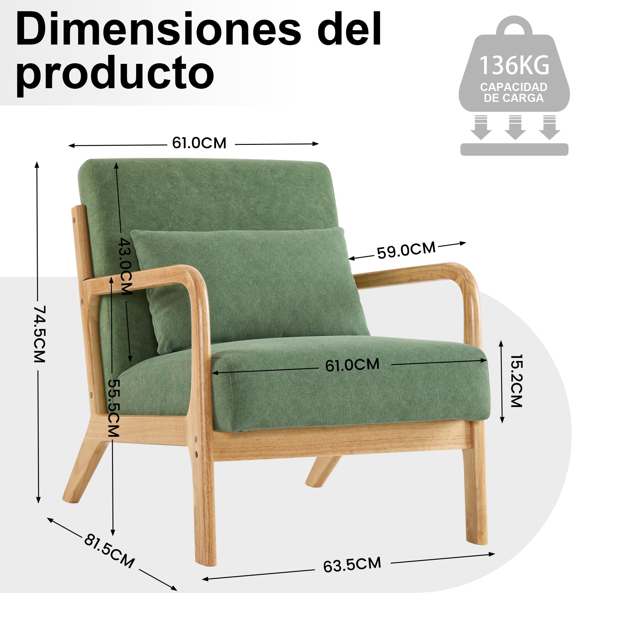 Butacas de Salon Sillon Relax con Cojín Lumbar, Sillones para el Salón Sillón Acolchado de Madera Maciza para Salón y Dormitorio, Sillón de Lectura para Espacios Pequeños Verde 1PC