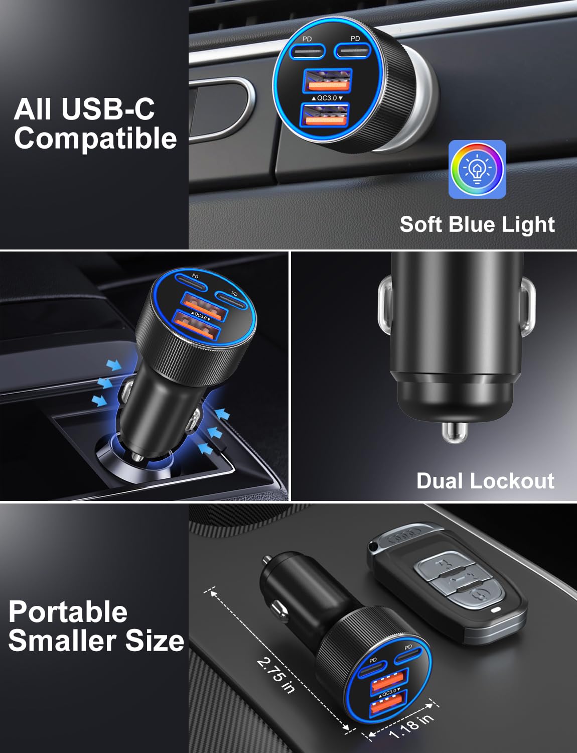 Ładowarka samochodowa USB C, ulepszona ładowarka samochodowa 90 W, 4-portowa, podwójna 12 V, USB-C i USB-A, wieloportowa ładowarka do telefonu QC 3.0/PD45W, super szybkie ładowanie, adapter do