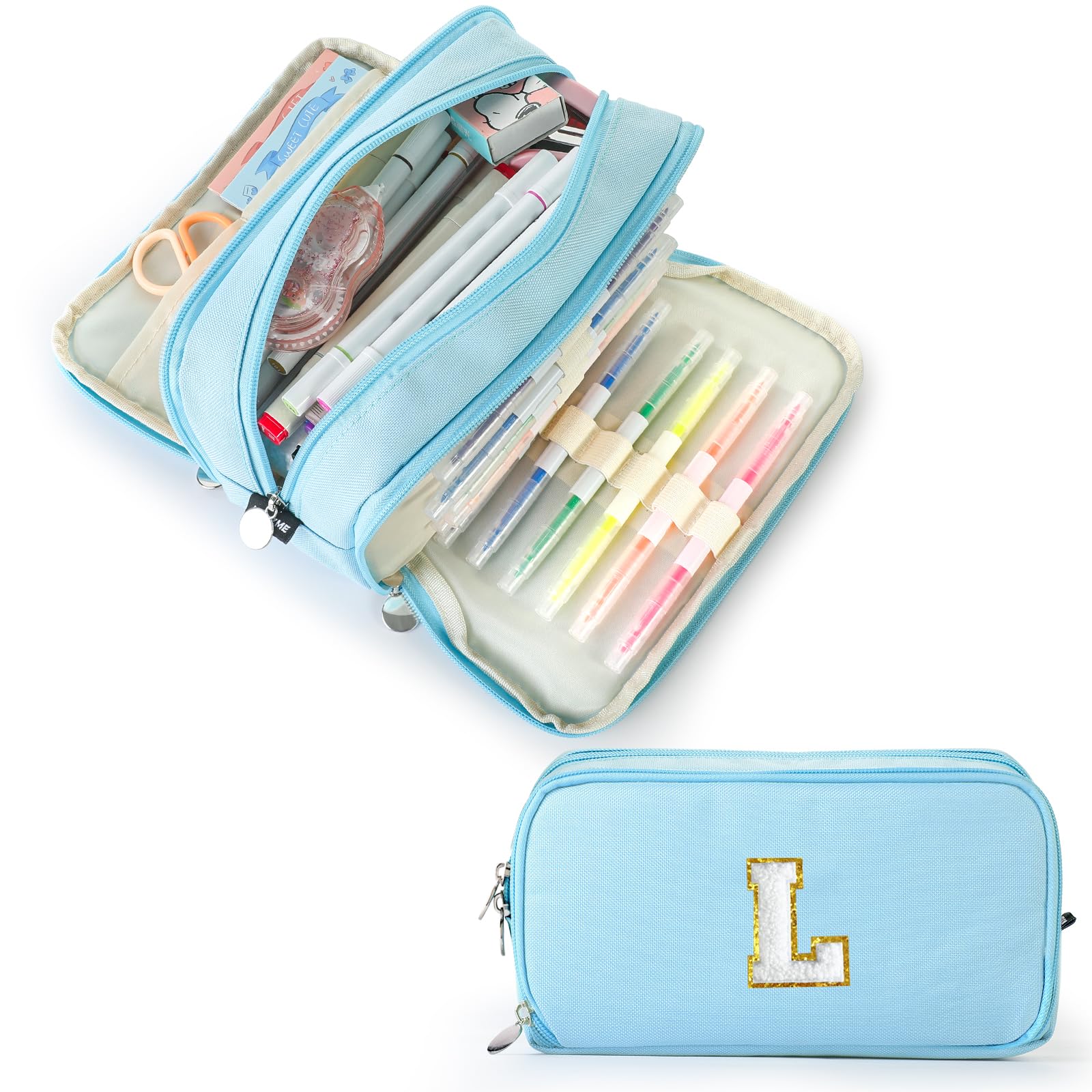 Extra Large Capacity Pencil Case 3 Compartment Initial Pencil Pouch Personalized Cute Aesthetic Stationery Pen Case Bag for School Teen Girl Boy Men Women Gift (L, Blue)