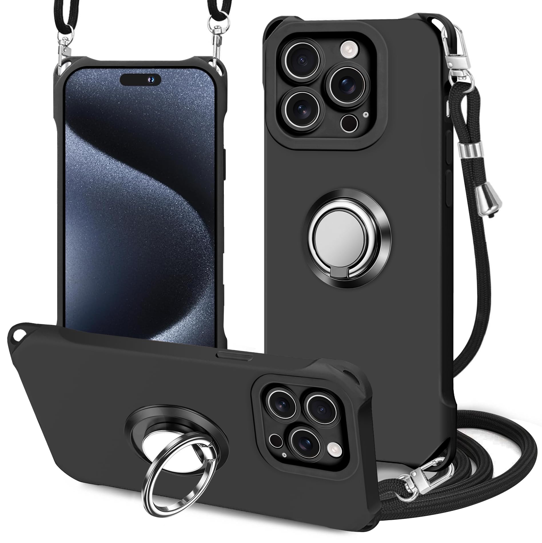 PAILAIMEN iPhone 15 Pro ケース ソリッドカラー ネック リング付き ショルダー アイフォン15 pro カバー TPU 耐衝撃 対応 iphone 15 pro スマホケース 肩掛け 斜めかけ 縄掛け ストラップ付き 携帯カバー 薄 軽型 紐付き ネックストラップ 肩掛け 多機能 360°全面保護 落下防止(ブラック不透明)