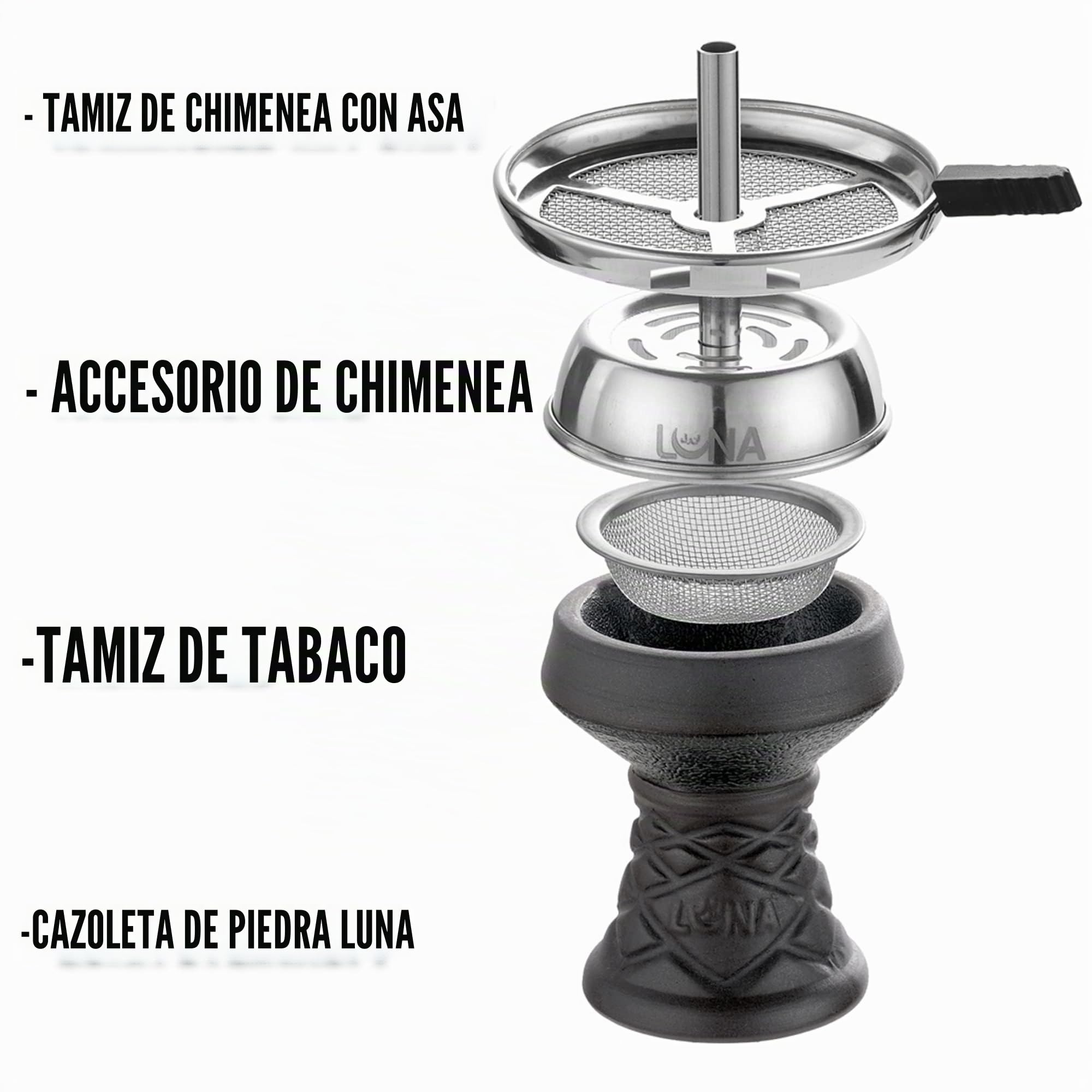 LUNA HOOKAH Shisha Premium | Pipa de agua | Juego completo de 4 mangueras, conexión de elegante diseño, incluye manguera, boquilla, alicates, cabezal de piedra, difusor – accesorio para chimenea –
