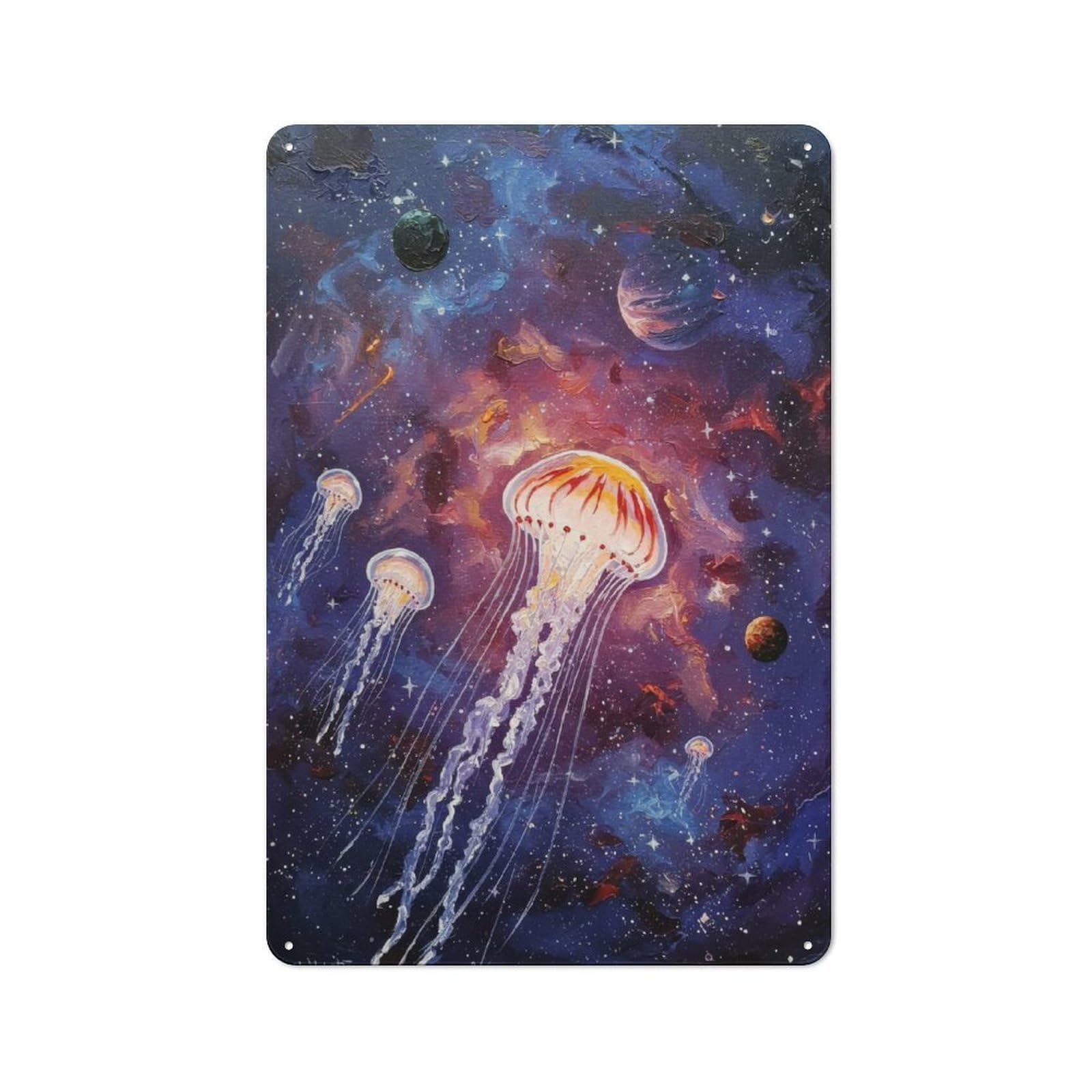 Junmoney Jellyfish In Space Painting Metal Wall Sign 30X20cm Featuring For Café Or Restaurant, For An Autumn Wall Display In Café And Restaurant