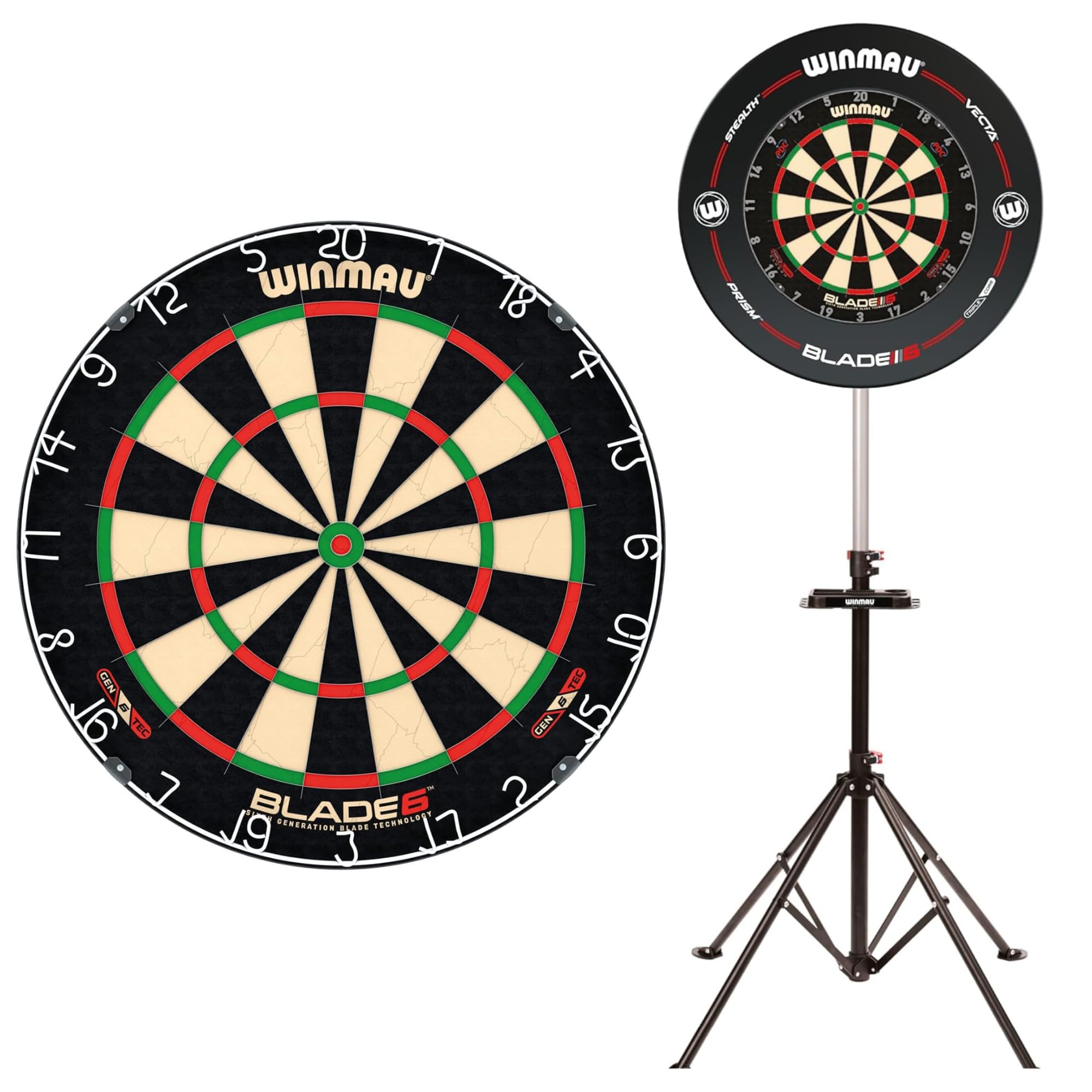 WINMAU Blade 6 Professionelle Bristle Dartscheibe + Xtreme 2.0 Tragbarer Dartscheiben-Ständer Bundle – Offizielle PDC Turnier-Spezifikation, Verstellbarer Stativ-Halter, Keine Wandmontage erforderlich