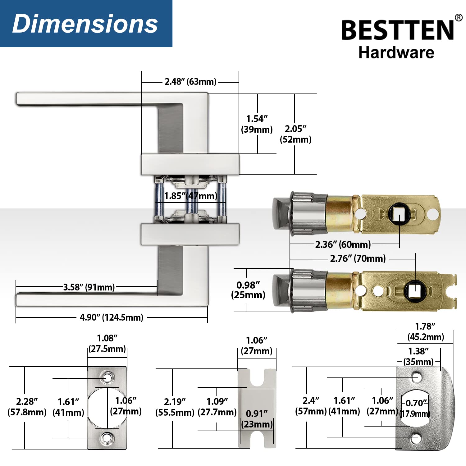 BESTTEN Satin Nickel Passage Door Lever - All Metal Interior Door Handle For Hallways