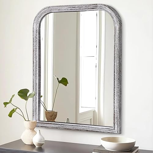 Miniatura 1 de Espejo de pared de baño con marco de madera rústica, pequeños espejos colgantes de esquina redondeada negra, espejos rectangulares para decorar la