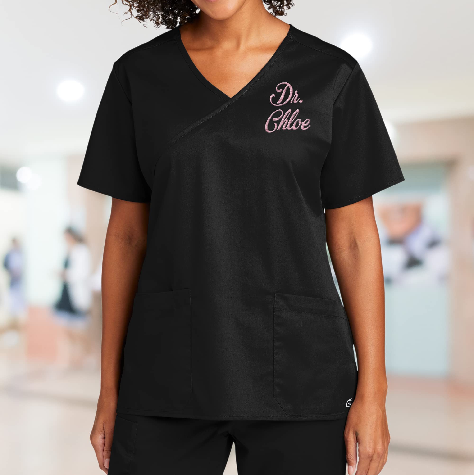 TEEAMORE Custom Emroidered Scrub Top Add Your Embroidery Name Text Women's Workflex Medical Mock Wrap Top Black
