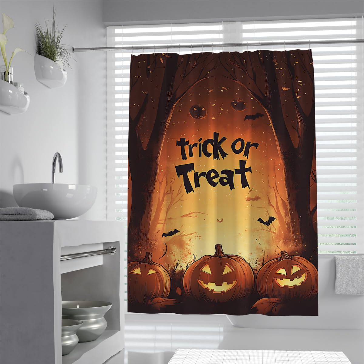 UIRINGART Trick or Treat Halloween Pumpkin Shower Curtain W120xL180cm Spooky Deep Woods Flying Bat Lantern Pattern Anti Mould Waterproof Bathtub Screens for Wet Room with Hooks