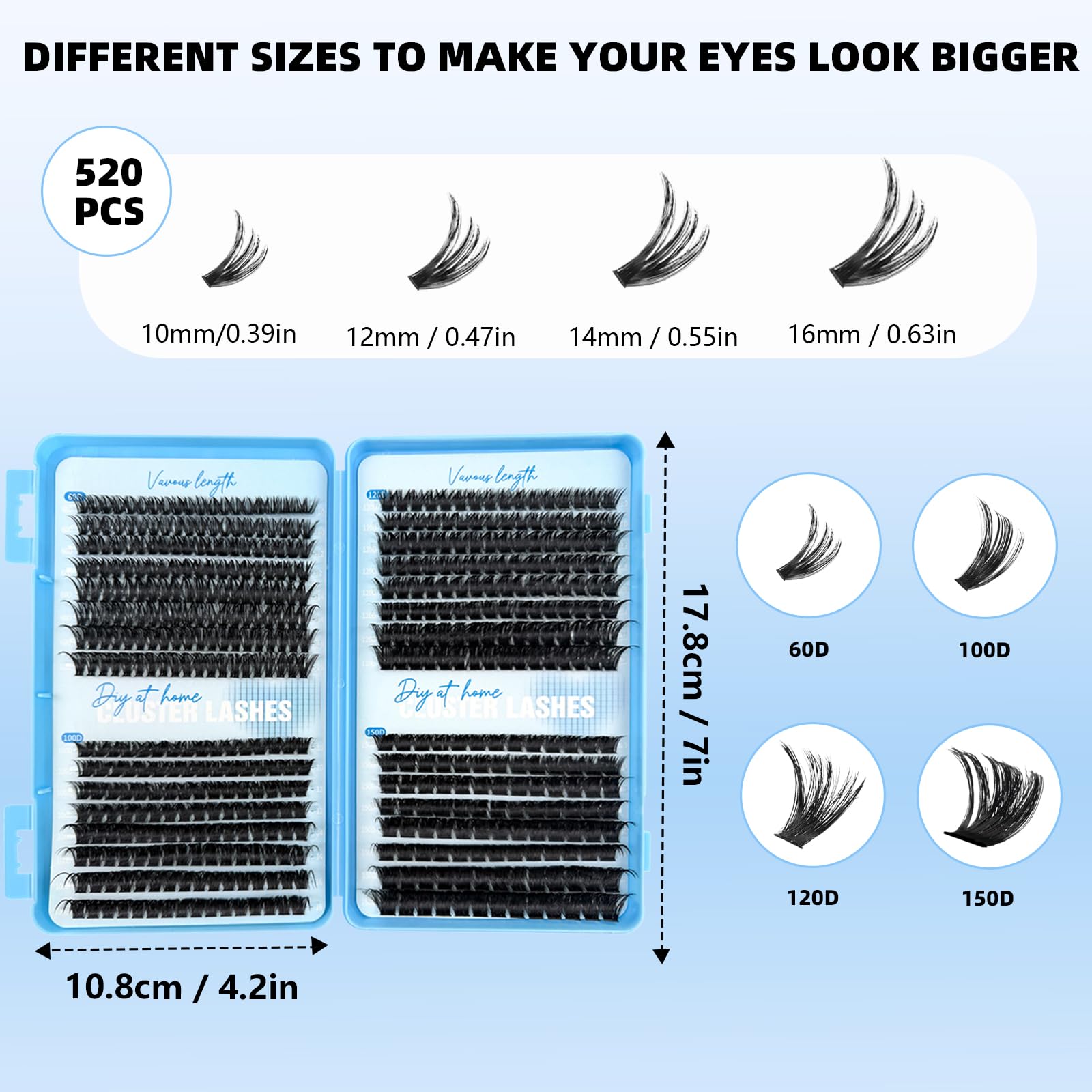 520 sztuk sztucznych rzęs naturels klaster lasze dla kobiet i dziewcząt puszysty rosyjski zestaw do rzęs D Curl Black Light Cluster Lashes sztuczne rzęsy 10-16 mm Mix (60-100-120-150D)