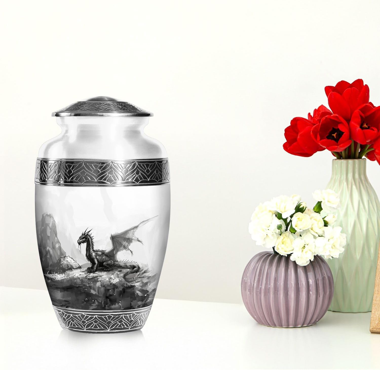 Dragon Urn Large 10 Inch Decorative Jar for Human Ashes, Unique Memorial Vessel for Women or Men, Elegant Cremation Funeral Keepsake