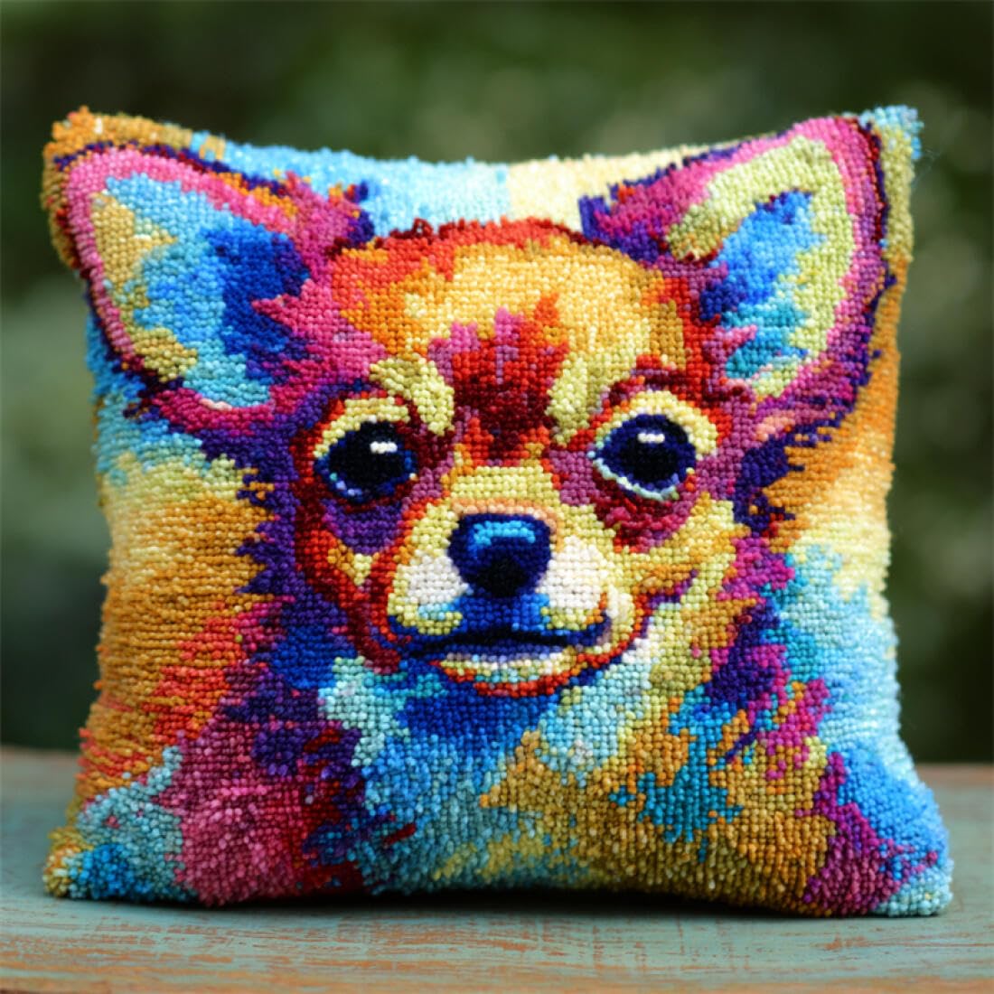 Kitquiver Animal Latch Hook Craft Kits Colorful Chihuahua Cross Stitch Pillowcase Making Kits,DIY Latch Hook Rug Kit Embroidery 17x17In