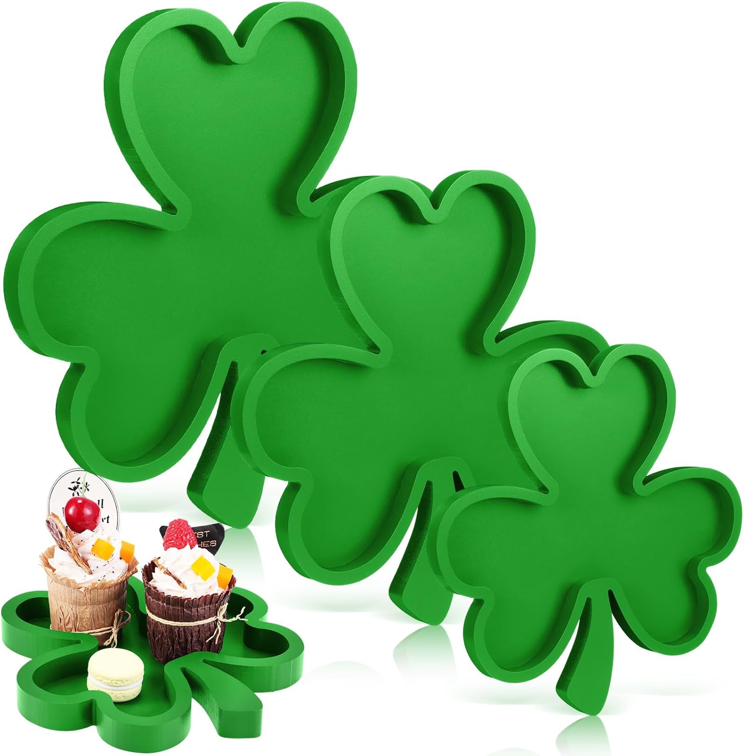Hushee 3 Pcs St Patricks Day Wooden Serving Tray Plate Dish Clover Shaped Plates Shamrock Wood Serving Platters and Trays for St Patricks Day Table Decorations Home Office Food Display, 3 Sizes