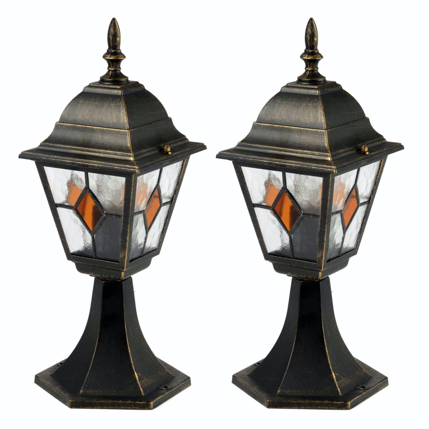 Firstchoicelighting Black & Amber Set Of 2 Traditional Black Brushed Gold Outdoor Post Lights, Garden Pedestal Lights, Lantern Design, Ip44 Rated, Compatible With Led Bulbs