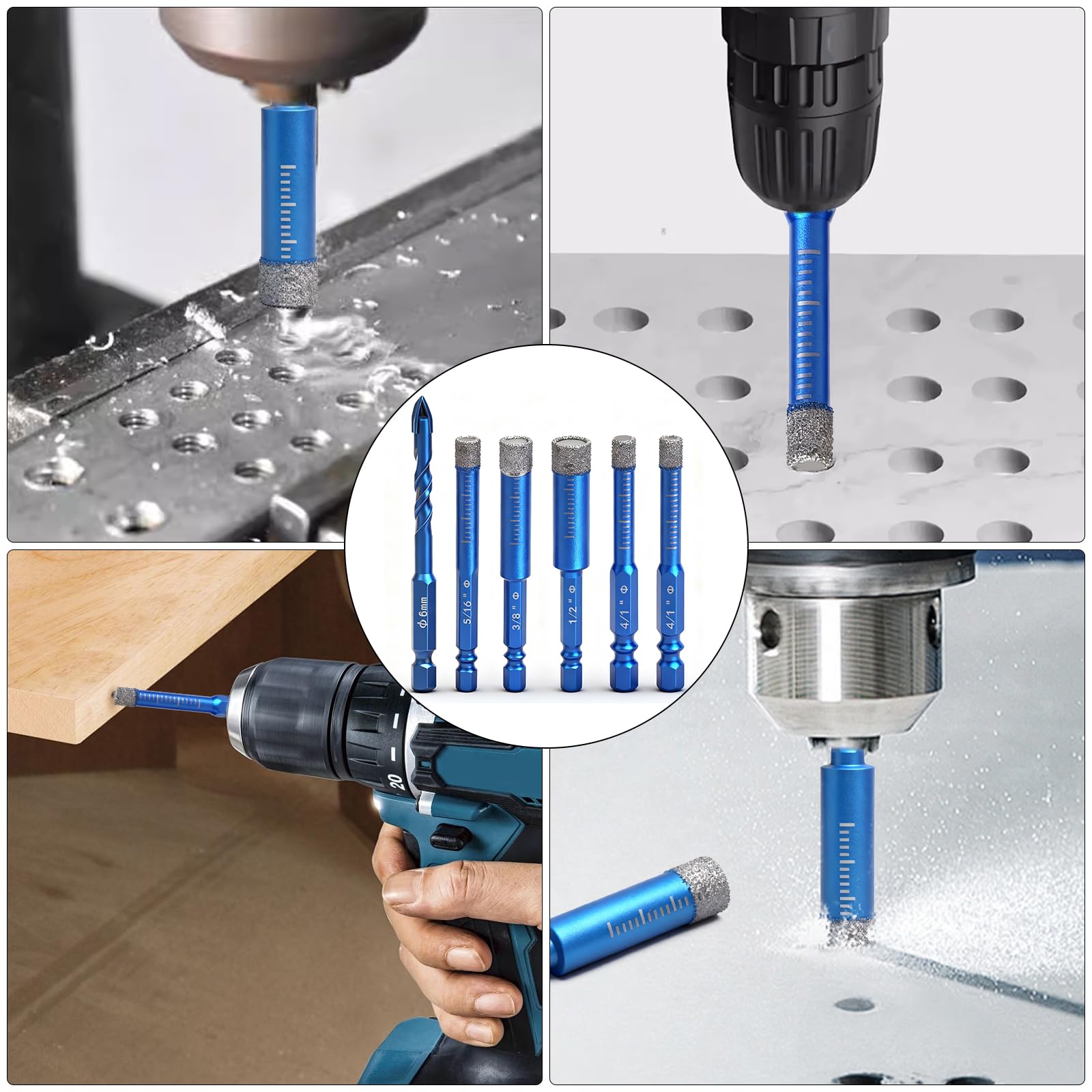 Set di 6 punte diamantate per piastrelle, granito, vetro, 6-12 mm e metallo duro