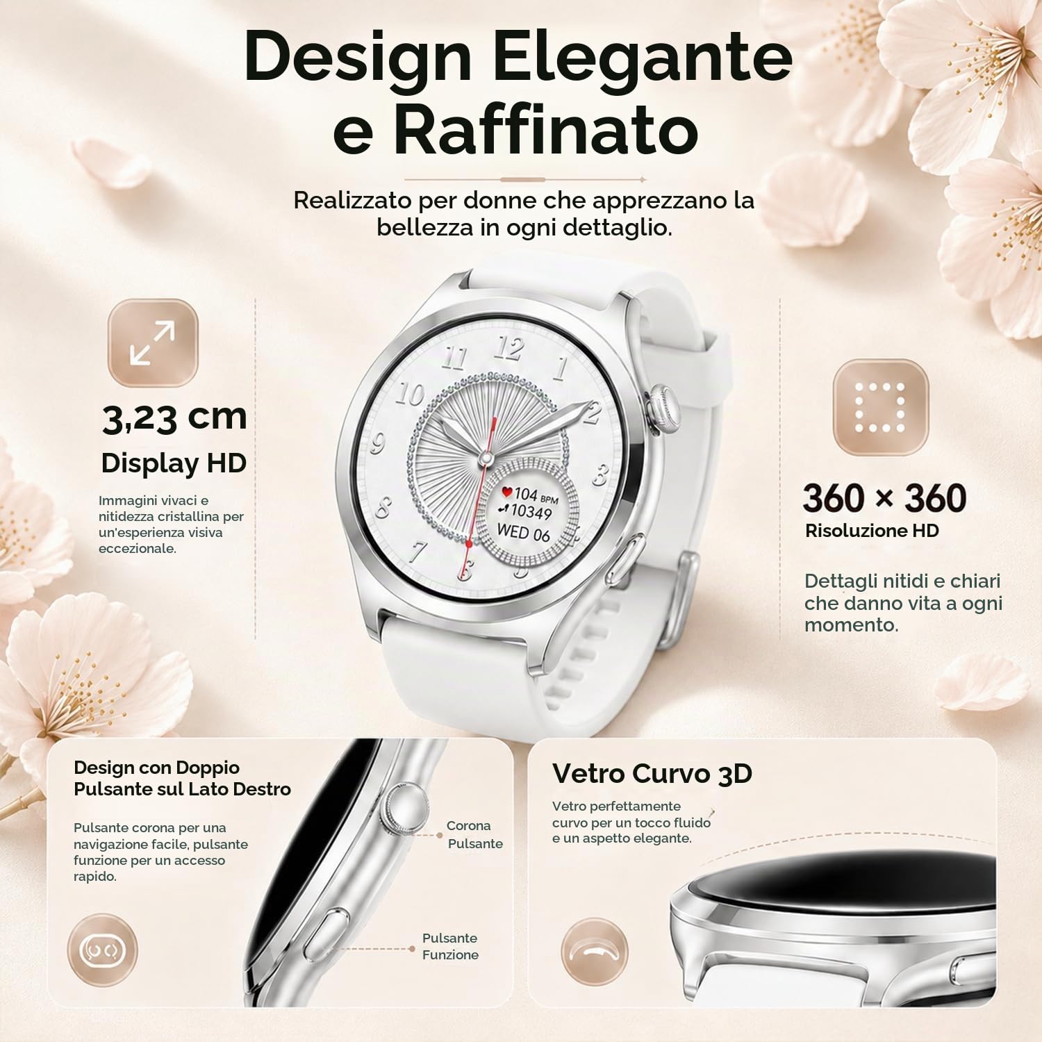 Smartwatch Donna, 1.27" Orologio Smartwatch con Chiamate, Cardiofrequenzimetro SpO2 Sonno, Activity Tracker Passi Calorie, 120+ Sport, IP68 Smart Watch Fitness per iOS Android Argento