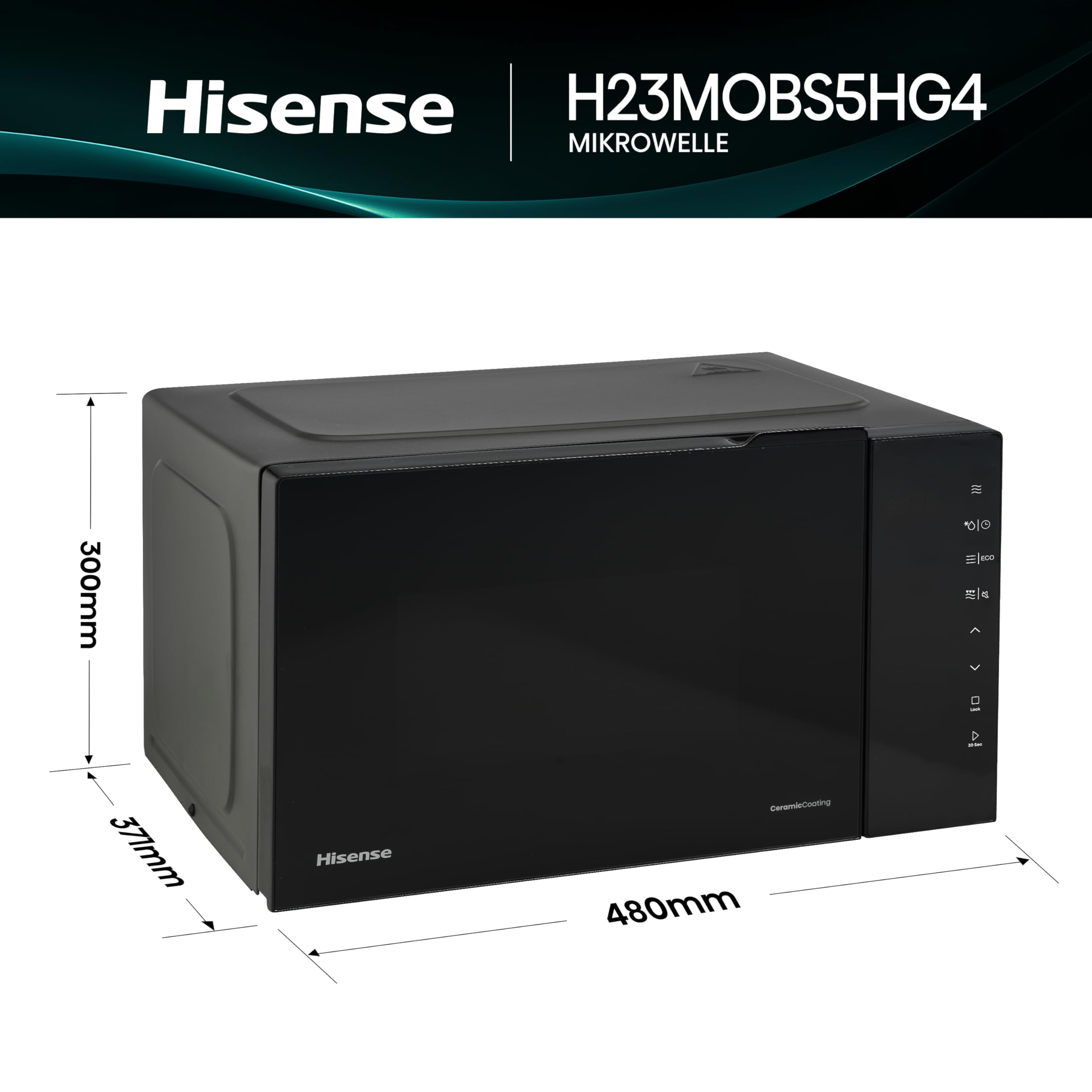 Hisense H23MOBS5HG4 Digitale Mikrowelle mit Grill, 23 Liter, 1000 W, Keramikbeschichtung, Premiumglas, Eco-Modus, programmiertes Auftauen, 10 Leistungsstufen, einfache Reinigung, 8 Programme