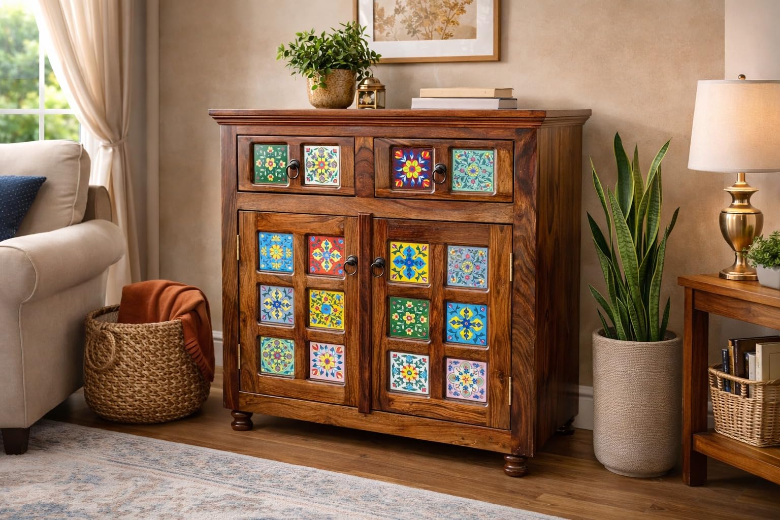Solid Sheesham Wood Sideboard Cabinet with Two Drawers and Two Doors Storage, Tile Design, Multi-Storage, Furniture for Livingroom, Bedroom, Hall & Kitchen Area-image-9