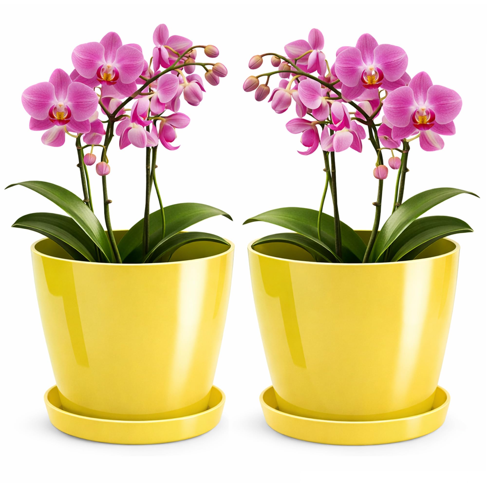 PECZEKO Shiny Flower Pot, Plastic Planter, Decorative Pot for Large and Small Plants, Set of 2 Flower Tubs with Saucer, Flower Pot Herb Pot, Yellow, Diameter 23 cm