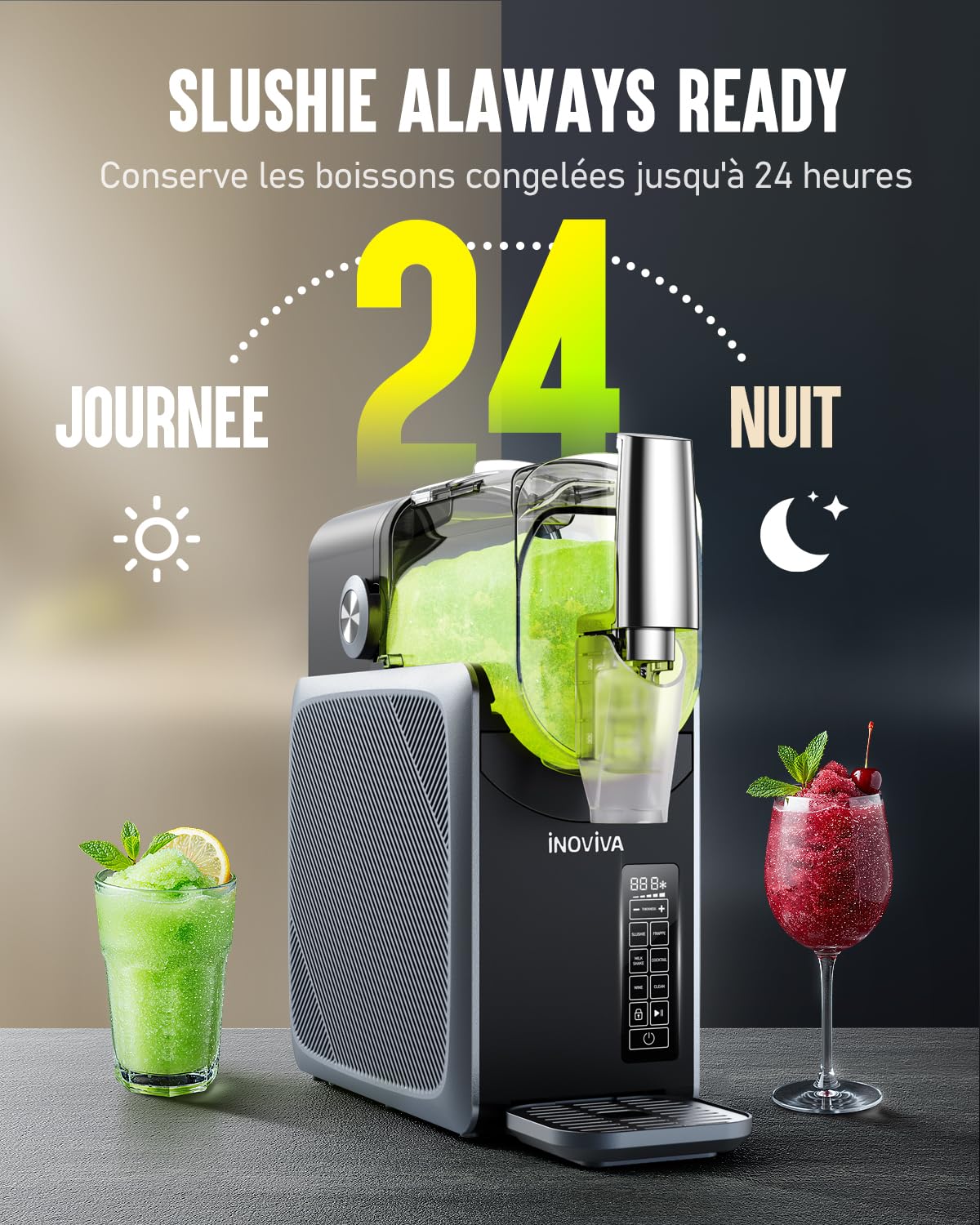INOVIVA Machine à Granités 2,6 L,Slush Machine sans Glace, Granités à Domicile avec Autonettoyage, 5 Modes Préréglés, Slushies, Milkshakes, Frappés et Cocktails Congelés