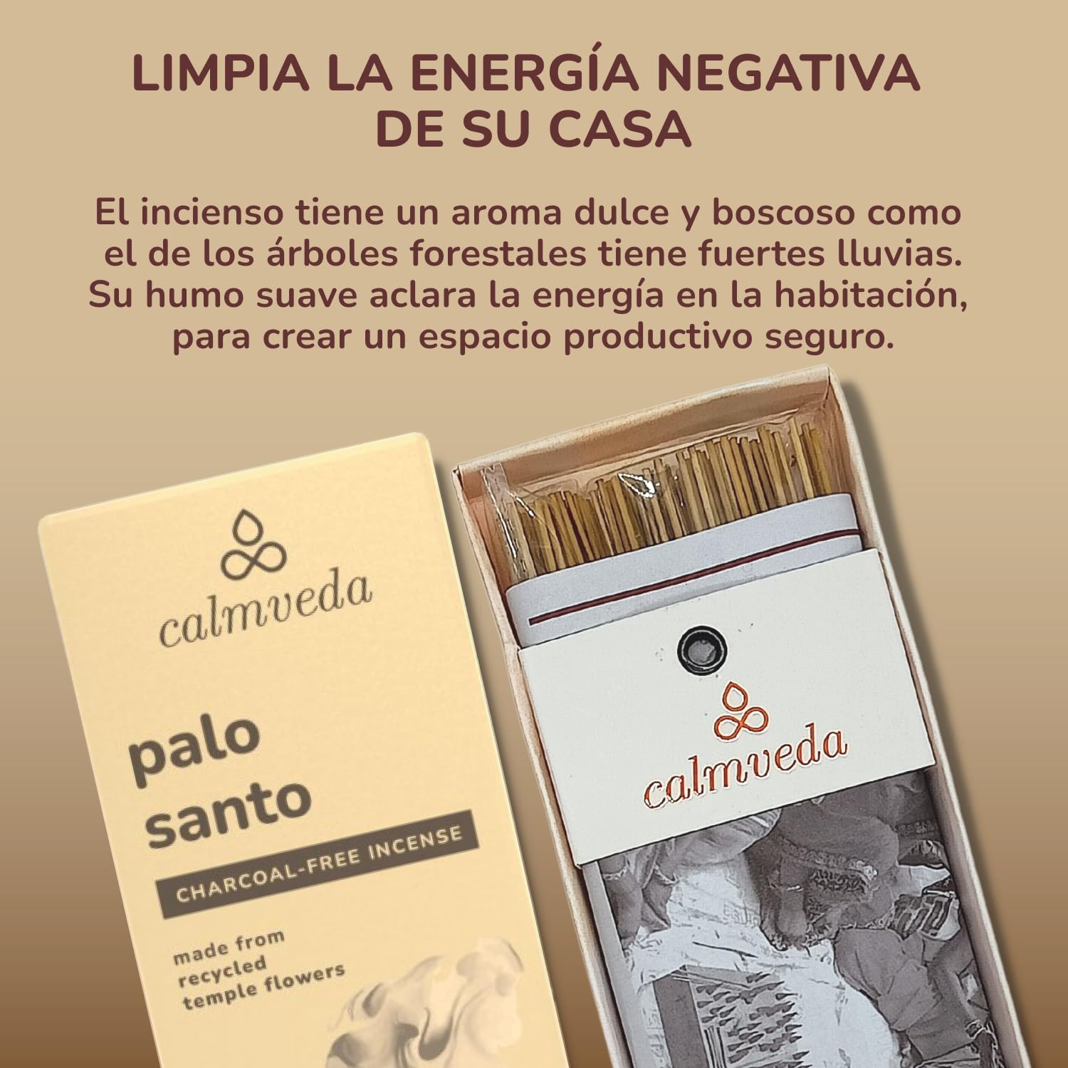 Calmveda Incienso Palo Santo Varillas 80% Orgánico Sin Carbón Flor Reciclada Limpieza Energética