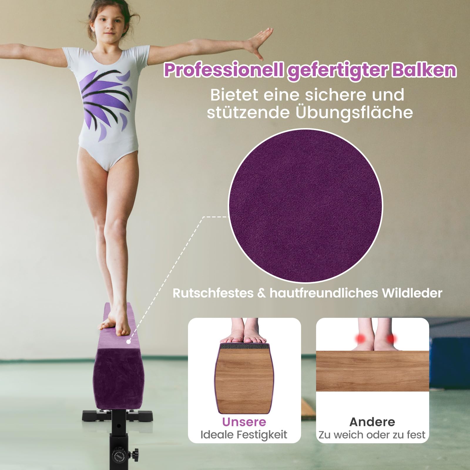 COSTWAY 226 cm Schwebebalken mit 3 Höhen verstellbar, Gymnastikbalken, Heimtrainingsgerät mit robusten Metallbeinen & Rädern, Balancierbalken für Anfänger und Profis (Lila)